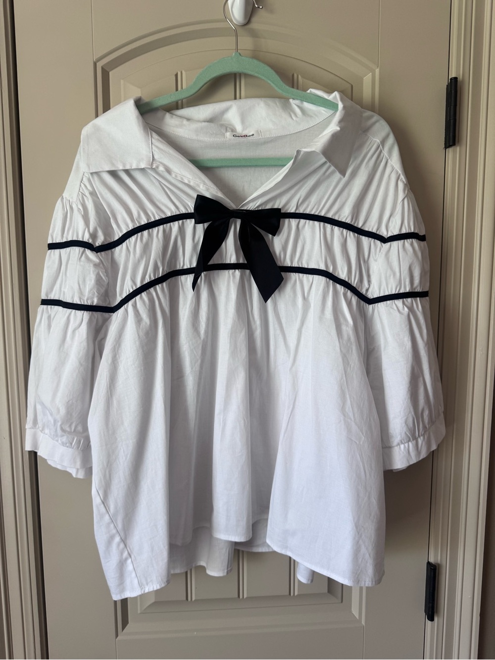 GeeGee White Blouse with Black Bow Ribbon Detail 3X